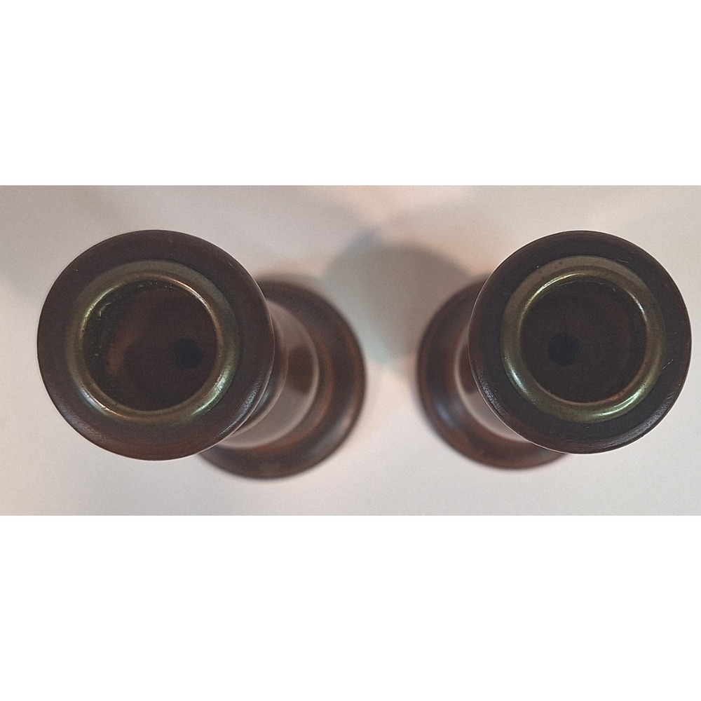 Vintage Turned Wood Candlestick Holders Pair Dark Brown Brass Inset 6.75 Inch - Picture 6 of 8